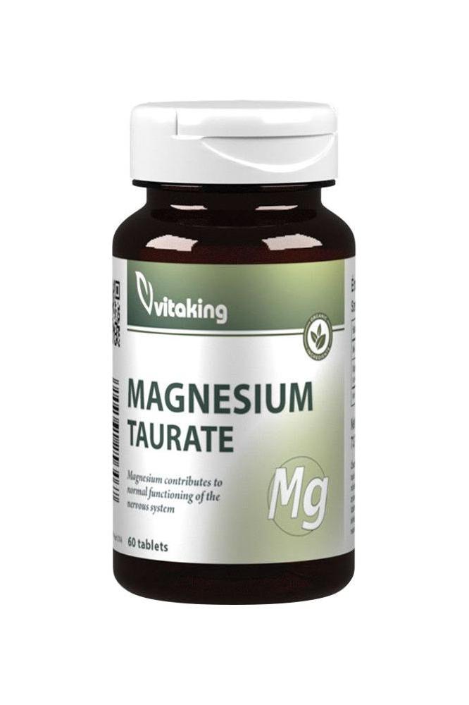 Vitaking Magnesium Taurate 100 mg supplement bottle with 60 tablets for heart health and relaxation.