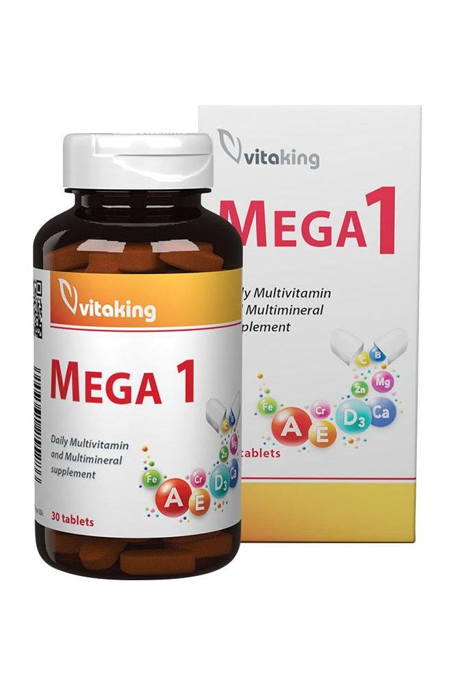 Vitaking Mega-1 Multivitamin bottle and box, a daily supplement with 30 tablets supporting immune health and energy.