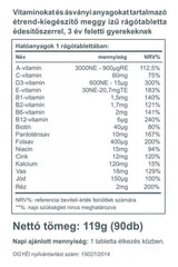 Nutritional information for Vitaking cherry-flavored multivitamin chewables for children, containing essential vitamins.