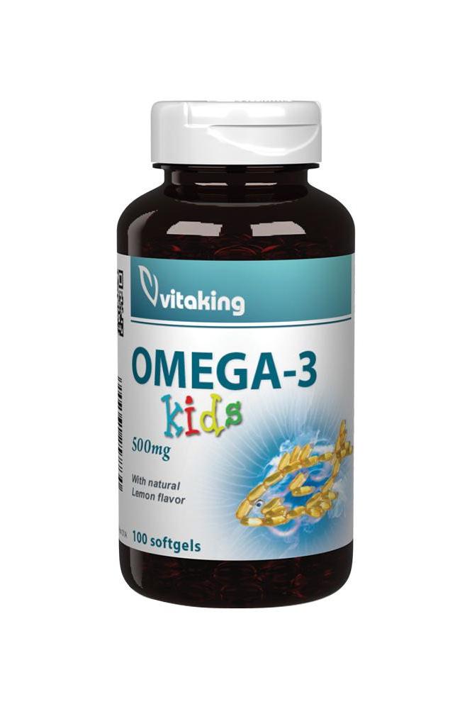 Vitaking Omega-3 kids 500 mg bottle with 100 softgels for children's brain health and development.