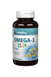 Vitaking Omega-3 kids 500 mg bottle with 100 softgels for children's brain health and development.