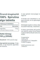 Label for Vitaking 100% Spirulina Algae tablets with nutritional information and usage details.