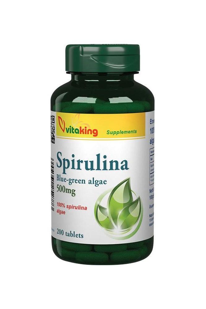 Vitaking Spirulina Algae 500 mg dietary supplement bottle with 200 tablets for increased energy and immune support.