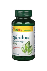 Vitaking Spirulina Algae 500 mg dietary supplement bottle with 200 tablets for increased energy and immune support.