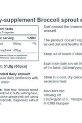 Nutritional information for Vitaking Broccoli Sprout Extract supplement, highlighting ingredients and dosage instructions.