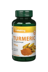 Vitaking Turmeric 700 mg capsules bottle with turmeric root and powder background, herbal dietary supplement.