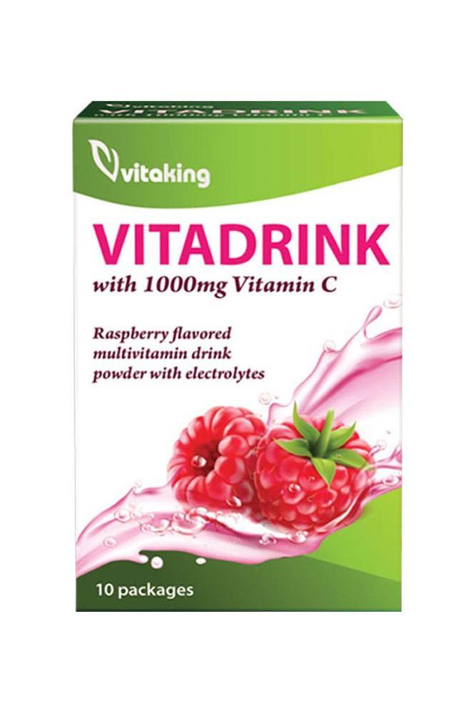 Vitaking Vitadrink multivitamin powder with 1000mg Vitamin C and raspberry flavor in a box of 10 packages.