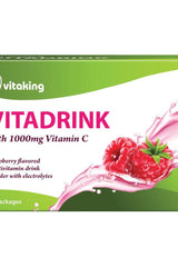 Vitaking Vitadrink package with raspberry flavor and 1000mg Vitamin C, a vitamin drink powder with electrolytes.