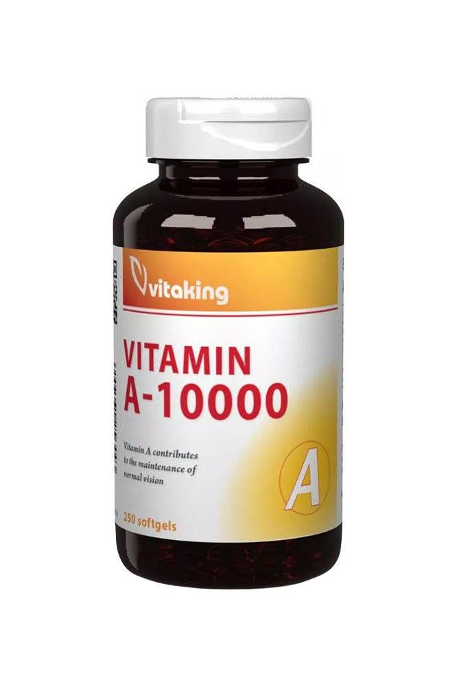 Vitaking Vitamin A-10000 softgel bottle for healthy skin, vision, and immune function, 250 softgels.