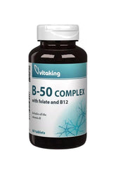 Vitaking B-50 Complex vitamin supplement bottle with 60 tablets for energy release and nerve health.