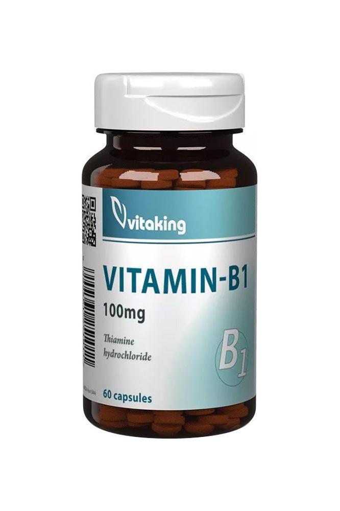 Vitaking Vitamin B1 100 mg bottle with 60 capsules for energy metabolism and nerve function support.
