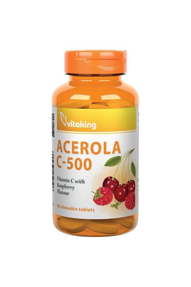 Vitaking Acerola C-500 vitamin C chewable tablets with raspberry flavor in an orange bottle, 40 count.