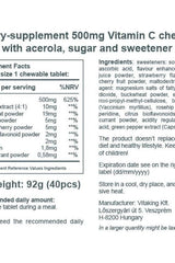 Vitaking Vitamin C-500 chewable tablets with acerola, raspberry, and strawberry, nutrition facts label.