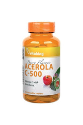 Vitaking Acerola C-500 chewable tablets in berry flavor, 40 count, supports immune health and reduces fatigue.