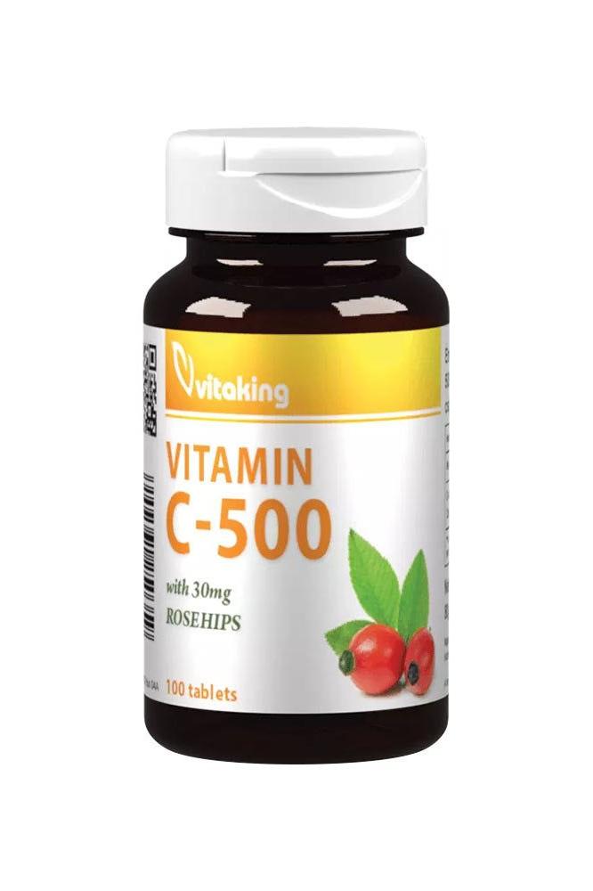 Vitaking Vitamin C-500 with Rosehips in a bottle, 100 tablets, supporting immune health and reducing fatigue.