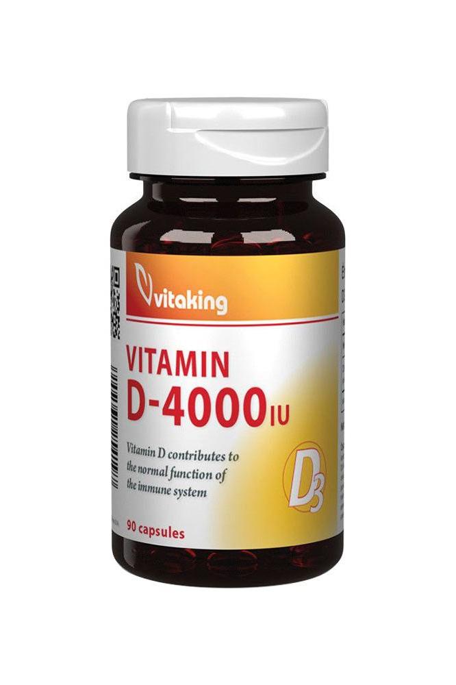 Vitaking Vitamin D-4000 supplement bottle with 90 capsules, supports immune system function and calcium absorption.