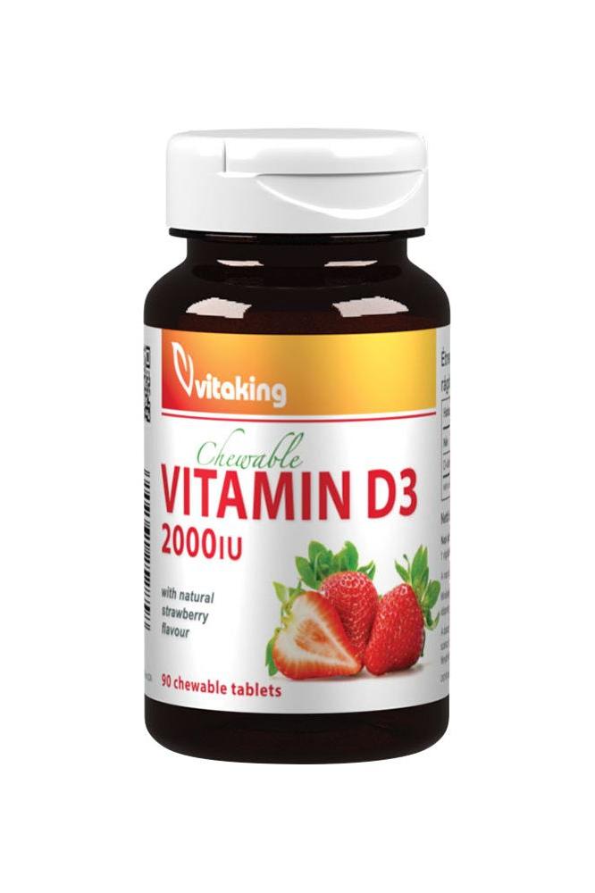 Vitaking Vitamin D3 2000 IU chewable tablets with strawberry flavor, promoting calcium absorption and bone health.