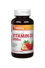 Vitaking Vitamin D3 2000 IU chewable tablets bottle with strawberry flavor, helps maintain healthy calcium levels.