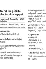 Vitaking Vitamin D3 drops label with ingredients, nutritional info, and usage instructions in Hungarian.