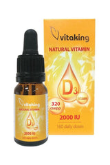 Vitaking Vitamin D3 Drops 10 ml, 2000 IU, supports immunity and bone health with 160 daily doses.