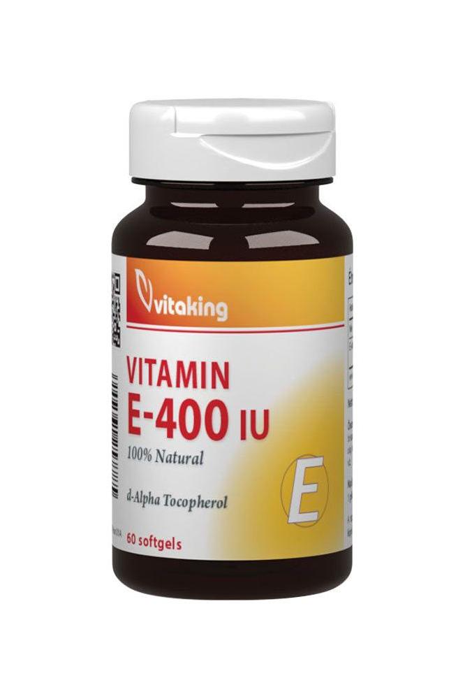 Vitaking Vitamin E-400 IU softgel bottle, 60 count, supports immune health and offers antioxidant protection.