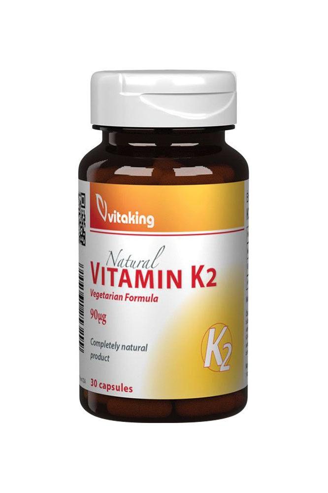 Vitaking Vitamin K2 90 mcg supplement bottle, 30 vegetarian capsules for bone and cardiovascular health.
