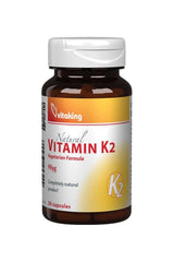 Vitaking Vitamin K2 90 mcg supplement bottle, 30 vegetarian capsules for bone and cardiovascular health.