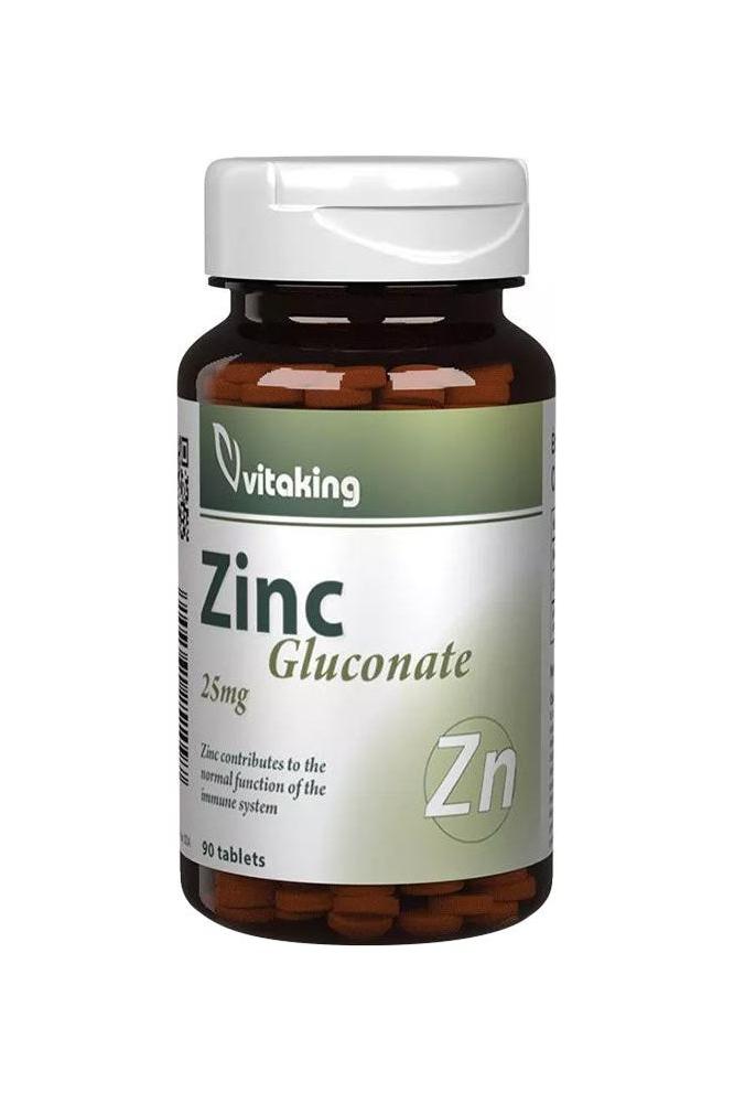 Vitaking Zinc Gluconate 25 mg supplement bottle with 90 tablets for immune support and health.