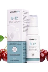 Vitamin360 B-12 Oral Spray, 25 ml with sweet cherry flavor, delivers 1000 mcg bioactive vitamin B12.