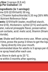 Ingredient details and usage instructions for Vitamin360 CoQ10 50mg oral spray, pineapple flavor.