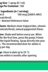 Vitamin360 D-4000 Oral Spray label showing ingredients and usage instructions for vitamin D3 in peppermint flavor.