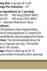 Vitamin360 D3 + K2 Oral Spray ingredient list and dosage instructions on a cream-colored background.