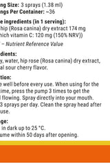 Vitamin360 Pure C Oral Spray ingredients and usage instructions with sour cherry flavor.