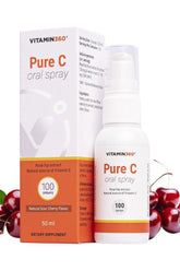 Vitamin360 Pure C Oral Spray with sour cherry flavor in a 50 ml bottle and packaging featuring rose hip extract.