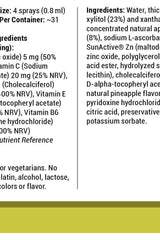 Label showing ingredients and nutrition for Vitamin360 Zinc Plus Oral Spray, Pineapple flavor, 25 ml.