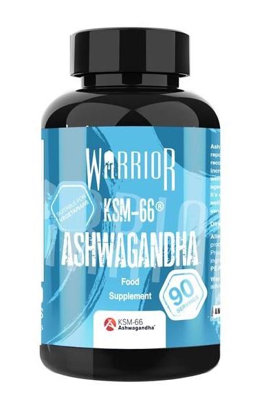 Warrior Ashwagandha KSM-66 supplement bottle with 90 capsules for stress management and wellness.