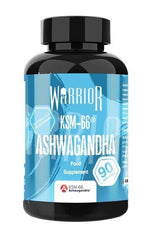 Warrior Ashwagandha KSM-66 supplement bottle with 90 capsules for stress management and wellness.