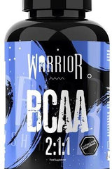 Warrior BCAA 2:1:1 supplement bottle promoting muscle growth and recovery, gluten-free and vegetarian.