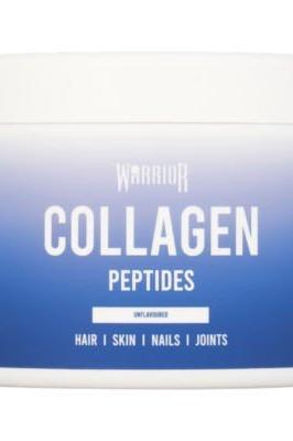 Warrior Collagen Peptides container for healthy skin, hair, nails, and joints, gluten-free and dairy-free.