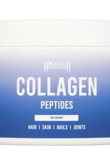 Warrior Collagen Peptides container for healthy skin, hair, nails, and joints, gluten-free and dairy-free.