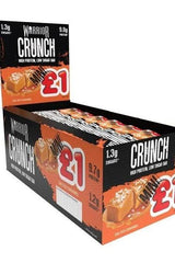 Warrior Crunch Protein Bar Mini box with 24 high protein low sugar bars, 9.8g protein per bar, salted caramel flavor.