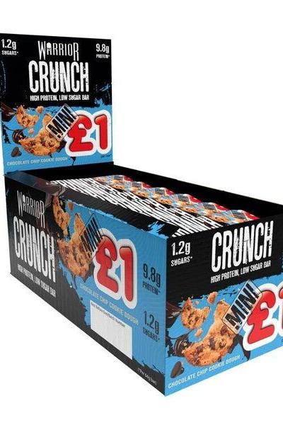 Warrior Crunch Protein Bar Mini box with 24 bars, high protein, low sugar, chocolate chip flavor, £1 deal.