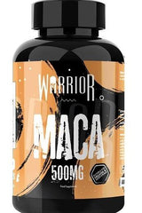 Warrior Maca supplement bottle 500mg, a natural energy booster with vitamin B2.