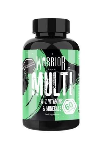 Warrior Multivitamin bottle with 60 tablets, packed with essential vitamins and minerals for health support.