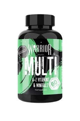 Warrior Multivitamin bottle with 60 tablets, packed with essential vitamins and minerals for health support.