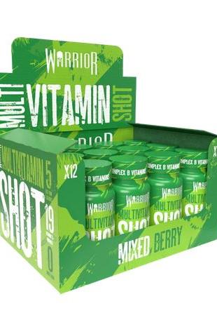 Warrior Multivitamin Shot box with 12 x 60 ml bottles in Mixed Berry flavor, offering essential vitamins and minerals.
