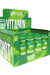 Warrior Multivitamin Shot box with 12 x 60 ml bottles in Mixed Berry flavor, offering essential vitamins and minerals.