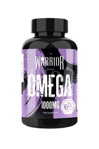 Warrior Omega supplement bottle, 1000mg of omega-3 fatty acids for skin, hair, and heart health.
