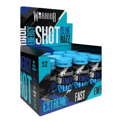 Warrior Rage Energy Shot display box with 12 Blue Razz energy drinks, designed for increased focus and endurance.