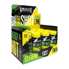 Warrior Rage Energy Shot display, 12 x 60 ml, lemon and lime flavor, vibrant packaging highlighting extreme energy.